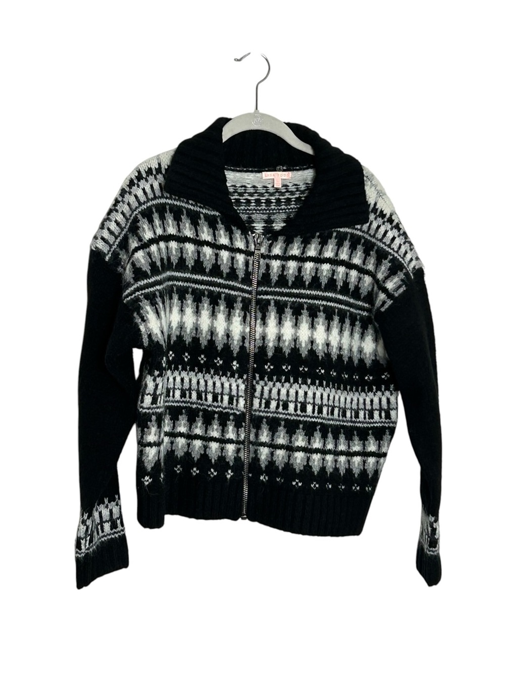 Lisa Todd Powder Puff Fair Isle Zip Cardigan Sweater Black White L